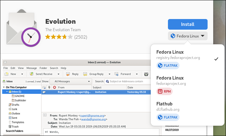 Das Installationstyp-Menü in der Fedora 39-Softwareanwendung
