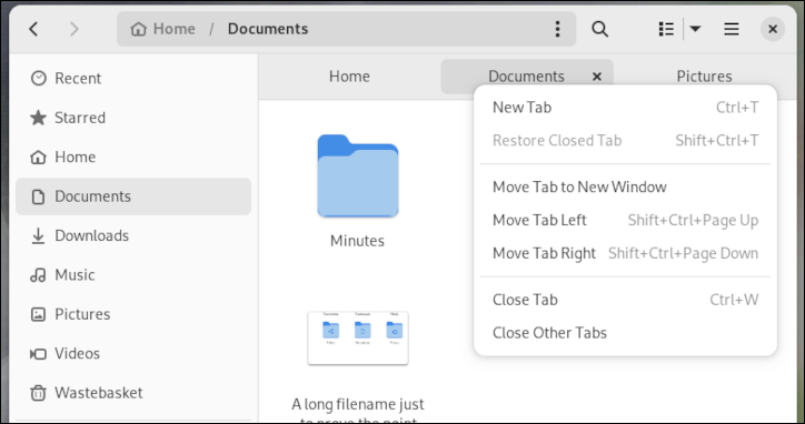 Das Kontextmenü der Fedora 38-Dateibrowser-Registerkarte