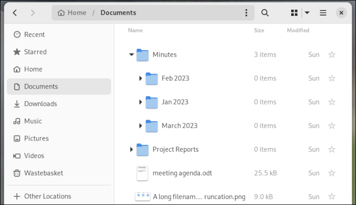 Der Fedora 38 GNOME-Dateibrowser mit erweiterbaren Verzeichnissen in der Listenansicht