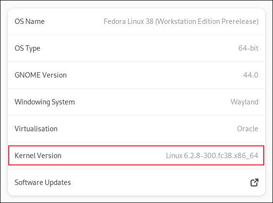 Das Info-Fenster der Fedora 38-Anwendung „Einstellungen“ mit der Kernel-Version