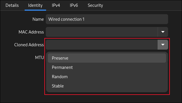 設定アプリケーションの GNOME ネットワーク接続の [ID] タブ