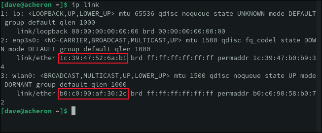 ip link コマンドを使用してコンピューターの MAC アドレスを検出する