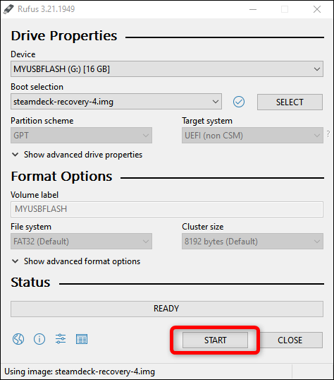 Sobald Sie Ihr SteamOS-Image geladen haben, drücken Sie die Start-Taste, um mit der Erstellung des bootfähigen Flash-Laufwerks zu beginnen