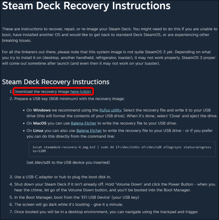 Laden Sie das SteamOS-Wiederherstellungs-Image herunter, indem Sie auf den Download-Link klicken, der unter der Überschrift Anweisungen zur Wiederherstellung des Steam-Decks bereitgestellt wird