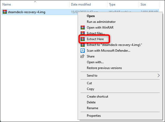Entpacken Sie das SteamOS-Wiederherstellungs-Image mit Ihrem bevorzugten Entpack-Tool