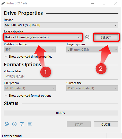 Wählen Sie die Festplatte oder das ISO-Image in Rufus aus und drücken Sie dann die Auswahltaste und suchen Sie Ihr SteamOS-Wiederherstellungs-Image