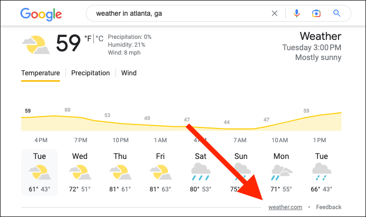 Rapport météo pour Atlanta, GA dans la recherche Google