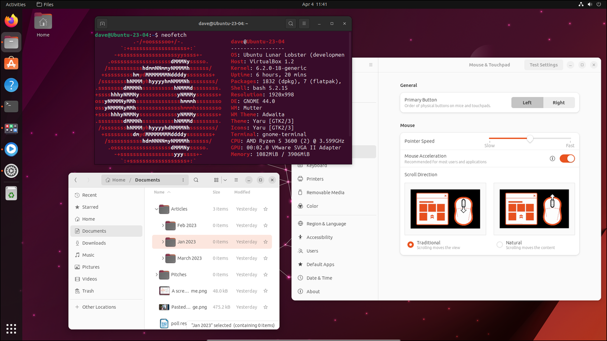 Bureau Ubuntu 23.04 avec le navigateur de fichiers, l'application Paramètres et une fenêtre de terminal ouverte