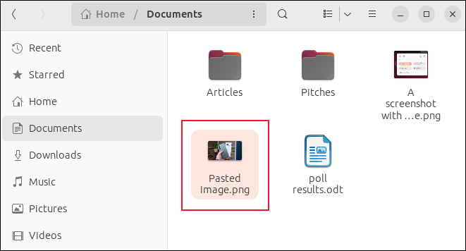 Le navigateur de fichiers avec un fichier créé en collant une image