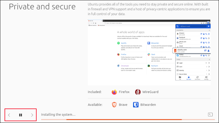 Les commandes de diaporama du programme d'installation d'Ubuntu 23.04
