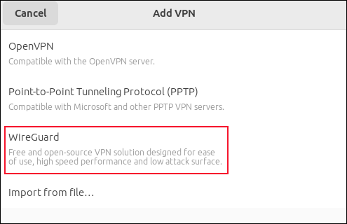 La boîte de dialogue VPN de l'application Paramètres affichant Wireguard en option
