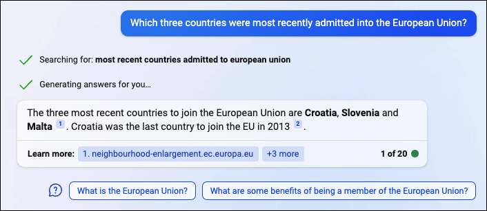 Bing: Trzy kraje, które ostatnio przystąpiły do ​​Unii Europejskiej, to Chorwacja, Słowenia i Malta. Chorwacja była ostatnim krajem, który przystąpił do UE w 2013 roku.