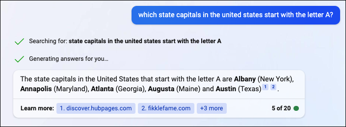 Bing: Stolice stanów w Stanach Zjednoczonych zaczynające się na literę A to Albany (Nowy Jork), Annapolis (Maryland), Atlanta (Georgia), Augusta (Maine) i Austin (Teksas)