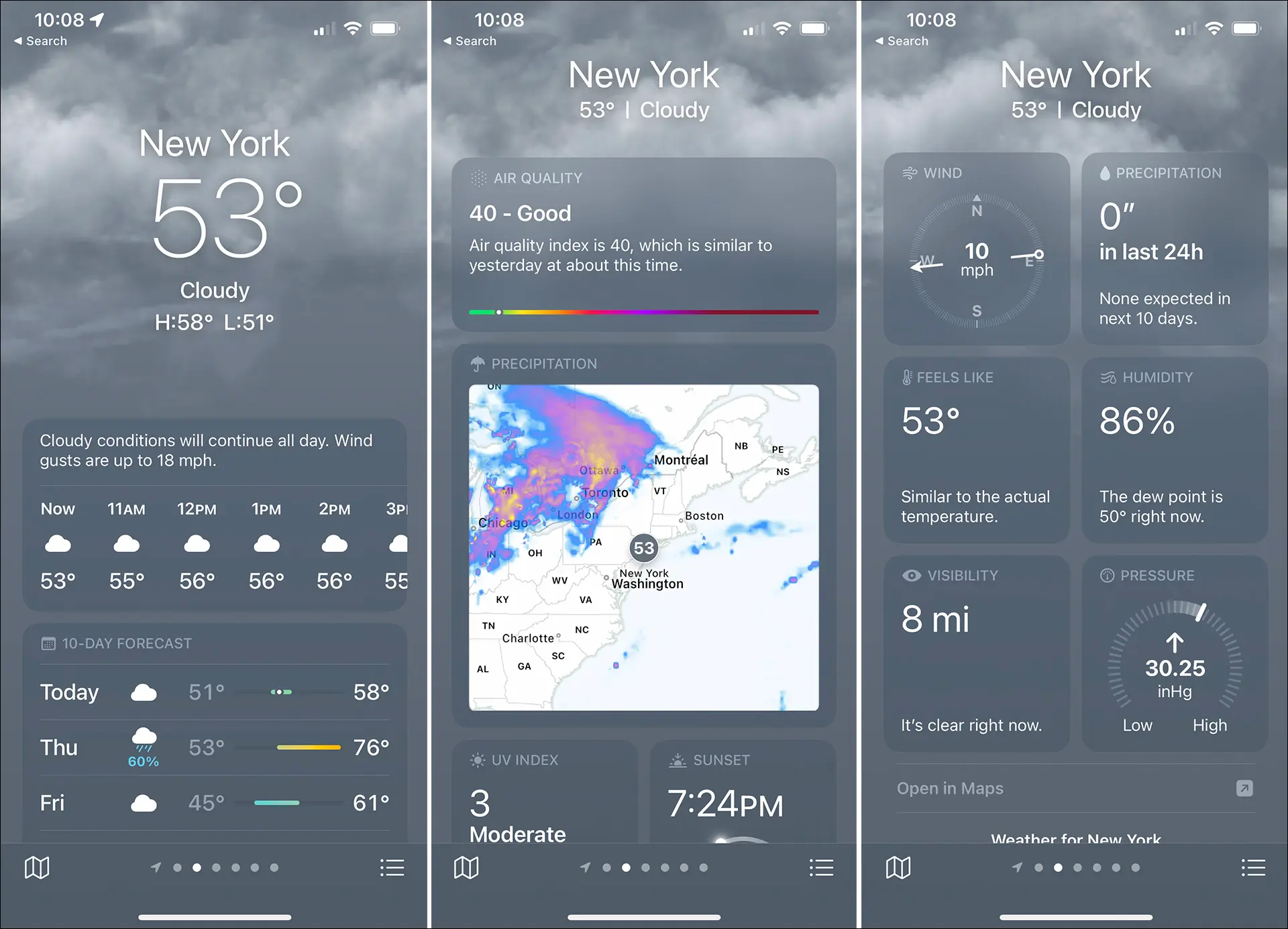 Apple Weather uygulamasının görüntüleri.