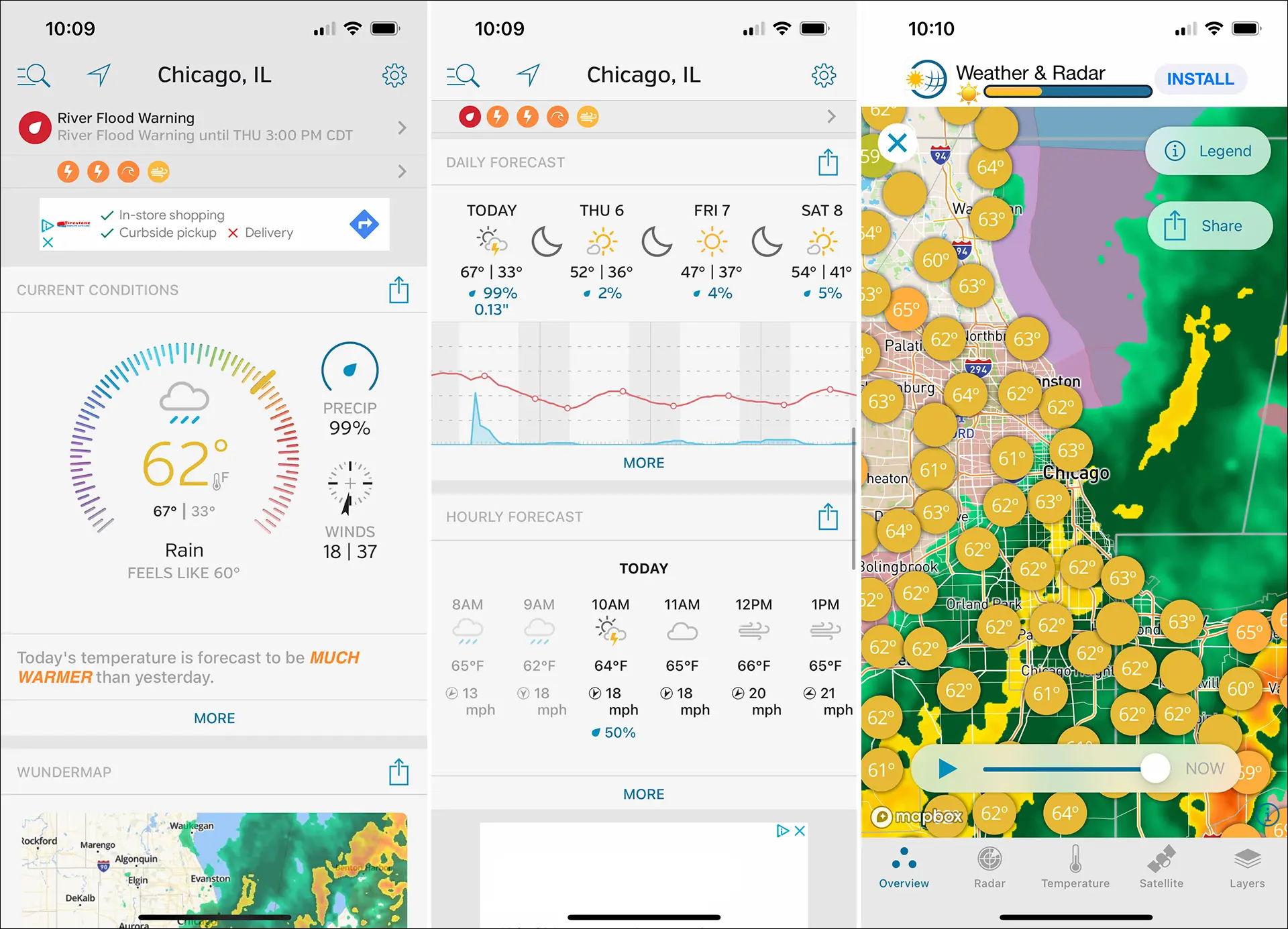 Weather Underground uygulamasının görüntüleri.