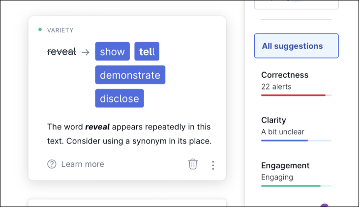يقترح Grammarly استخدام كلمة مختلفة