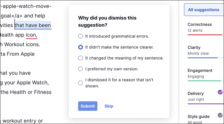 Grammarly يأخذ الملاحظات إذا لم يعجبك اقتراح