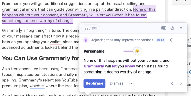 تعد اقتراحات النغمة أحد أعمدة مجموعة ميزات Grammarly Premium