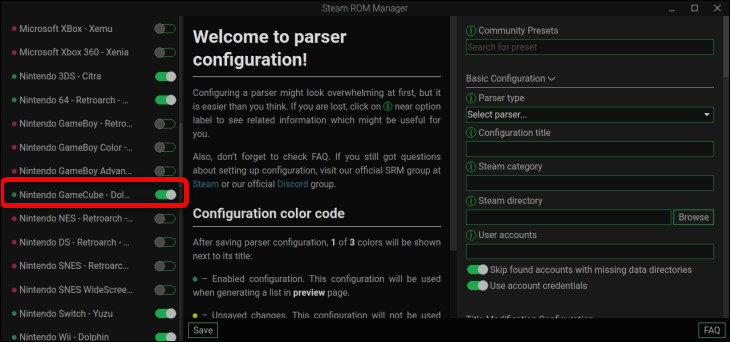 بمجرد الدخول إلى Steam ROM Manager ، قم بتمكين تبديل محلل Nintendo GameCube لعرض ألعاب GameCube في وضع لعبة Steam Deck كعناوين منفصلة