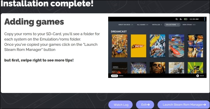 صورة تظهر شاشة تثبيت EmuDeck المكتملة