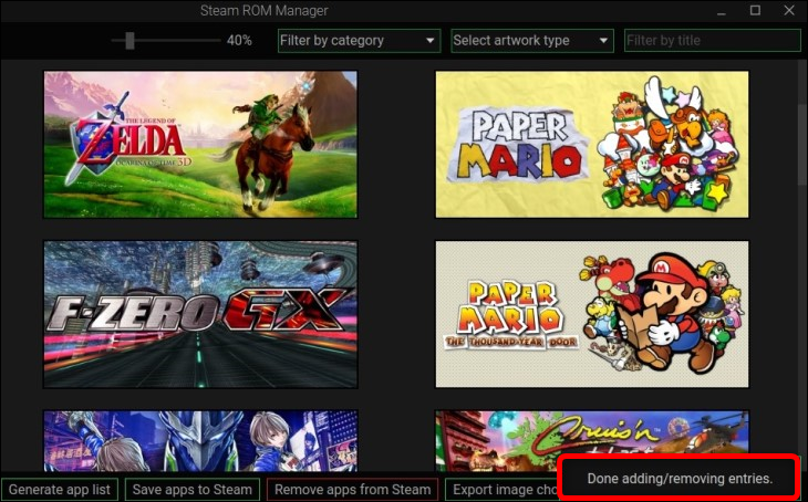 أغلق Steam ROM Manager بعد ظهور إشعار تم إضافة / إزالة الإدخالات