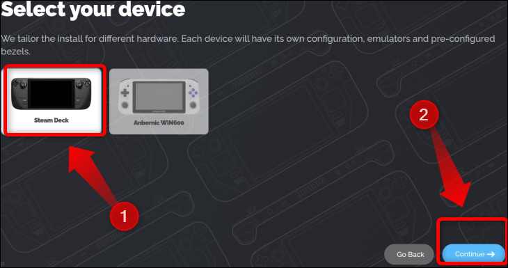 حدد Steam Deck كجهازك أثناء عملية تثبيت EmuDeck