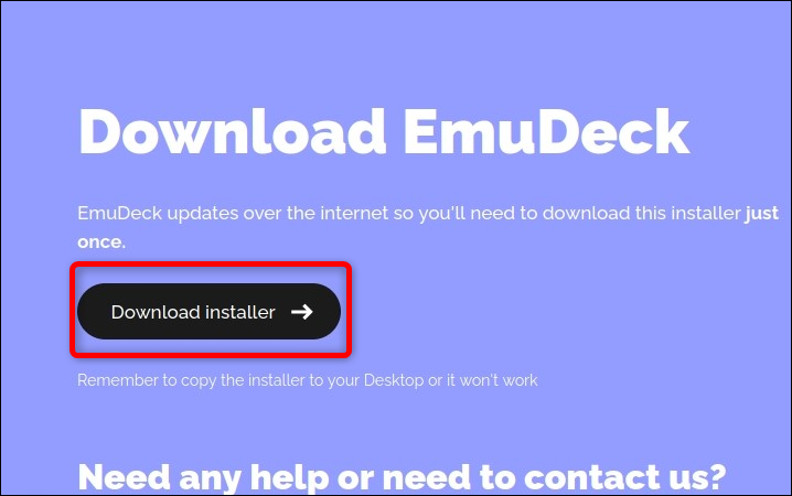 قم بتنزيل EmuDeck بالنقر فوق الزر Download Installer