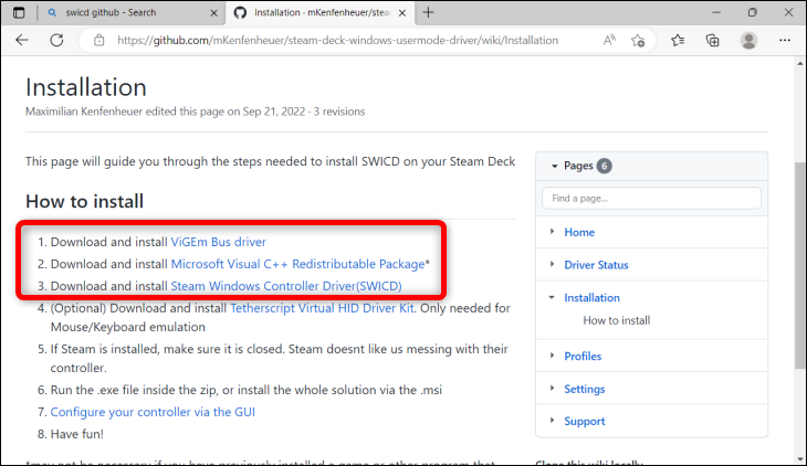Visita la pagina GitHub di SWICD e scarica il driver del bus ViGEm, il pacchetto Microsoft Visual C++ Redistributable e il driver del controller di Steam Windows (SWICD)