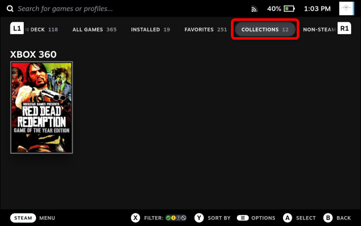 Per vedere i tuoi giochi Xbox 360 in modalità gioco, premi il pulsante Steam > Libreria > Raccolte.