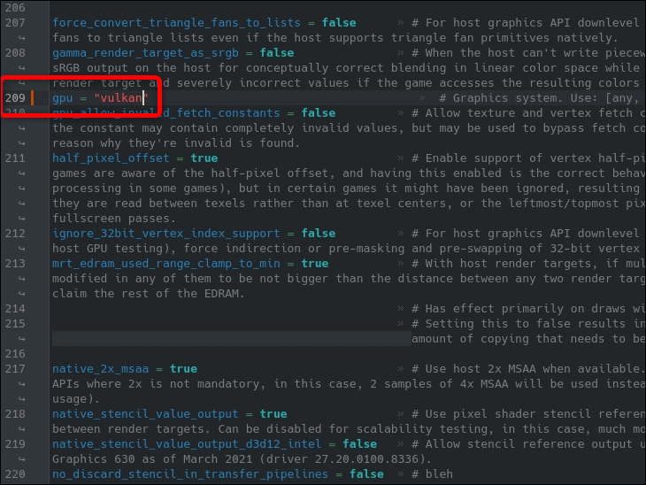 Cambia l'opzione GPU da qualsiasi a Vulkan nel file Xenia-Canary.config.toml.