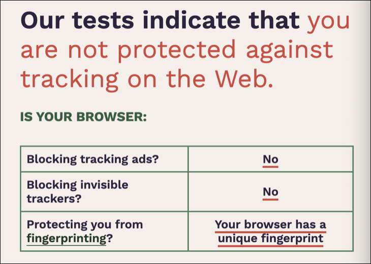 نتائج Chrome لاختبار EFF's Cover Your Tracks
