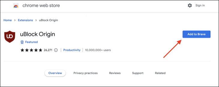 Pulsante "Aggiungi a Brave" sul Chrome Web Store