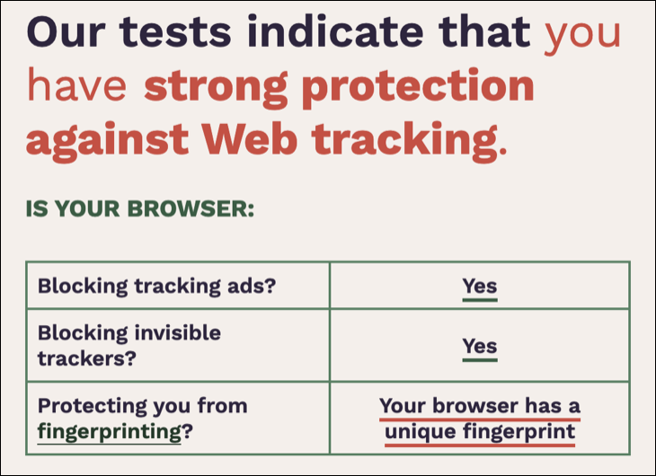 نتائج اختبار Firefox باستخدام اختبار EFF's Cover Your Tracks