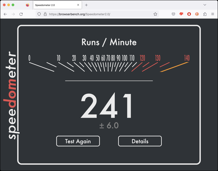 Browserbench Speedometer 2.0 in esecuzione in Firefox
