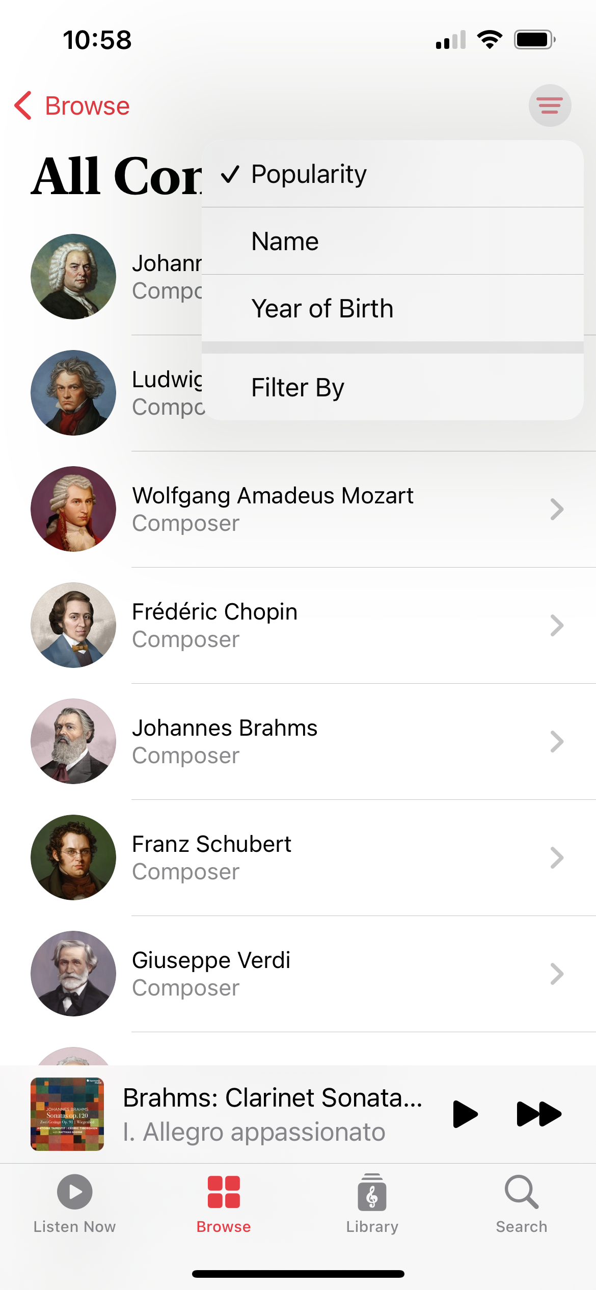 Apple Music Classical 按受欢迎程度搜索