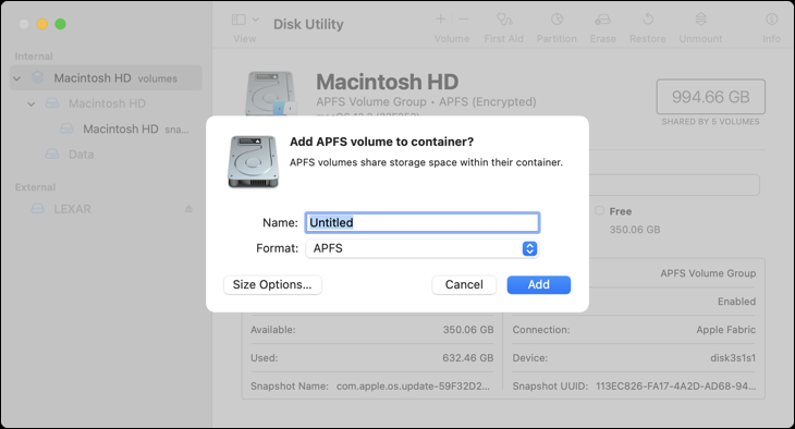 Adăugarea unui volum APFS pe discul de pornire cu Disk Utility