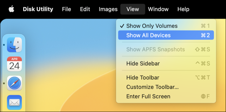 „Afișați toate dispozitivele” în meniul macOS Disk Utility