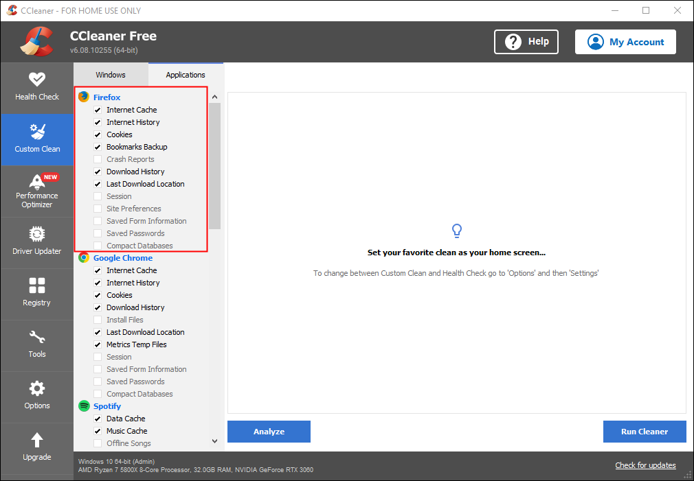 CCleaner مع تمييز خيارات مختلفة.