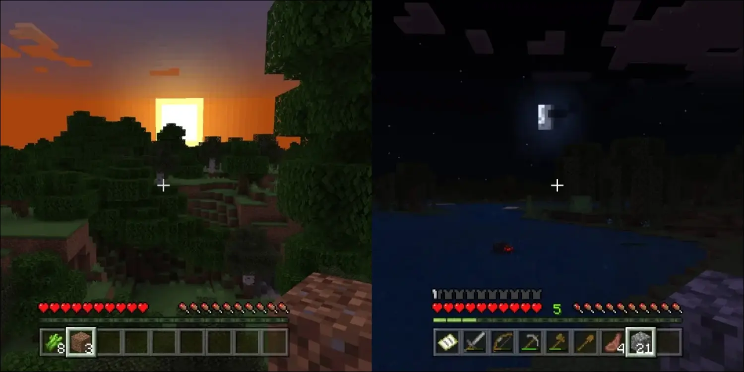 左边是 Minecraft 中的日出,右边是月出。