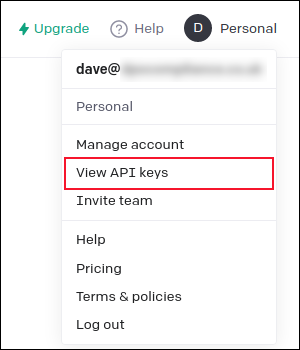 Le menu du compte ChatGPT avec l'option "Afficher les clés API" en surbrillance