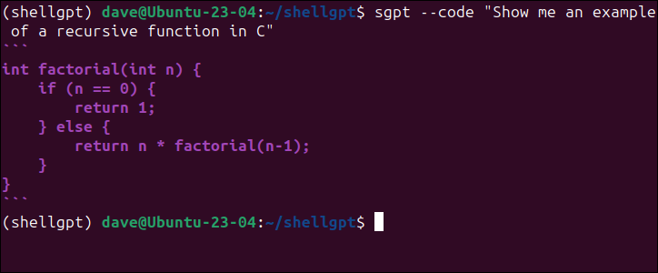 Utilisation de ChatGPT pour générer une fonction récursive en C, avec l'option --code pour que seul le code de la fonction soit affiché