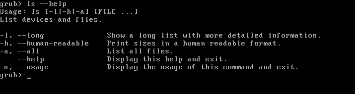 Usando a opção --help com a versão shell GRUB de ls