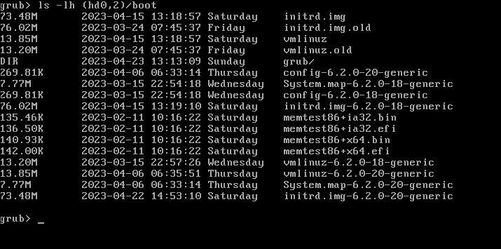 Listando os arquivos no diretório /boot usando a versão GURB de ls