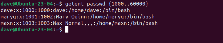 Recherche de comptes d'utilisateurs avec des ID d'utilisateur entre 1000 et 60000, en utilisant getent sur Ubuntu