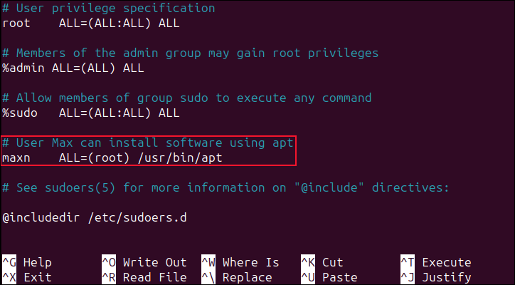 Ajout du compte d'utilisateur maxn au fichier eh sudoers, à l'aide de sudo visudo sur Ubuntu