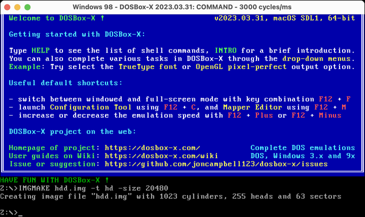 Verwenden Sie den IMGMAKE-Befehl in DOSBox-X