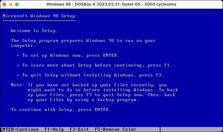Setup-Bildschirm des Windows 98-Installationsprogramms