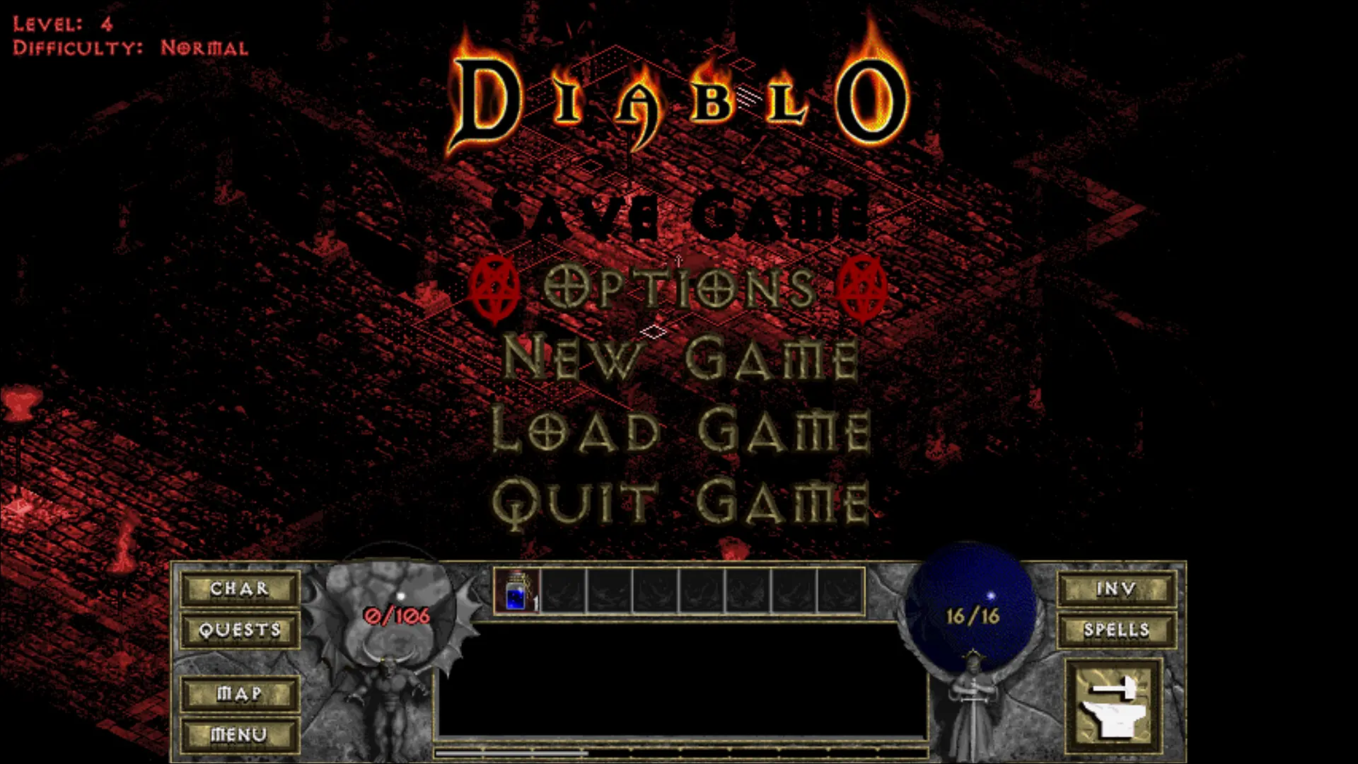 オリジナルの Diablo ゲームの死亡画面を示す画像。