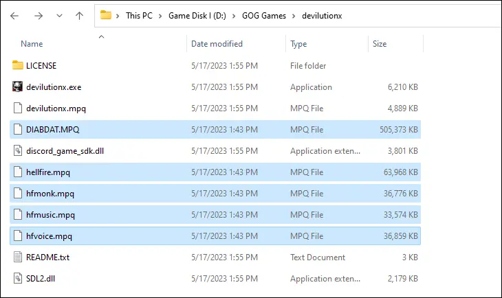 DevilutionX ディレクトリ内の MPQ ファイルを示すイメージ。