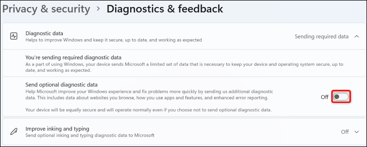 Nonaktifkan "Kirim Data Diagnostik Opsional."